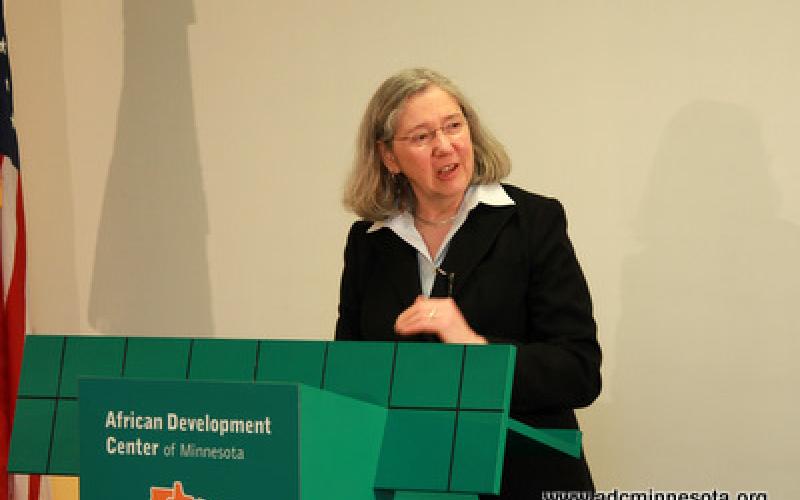 Minnesota Housing Commissioner Mary Tingerthal speaks at the podium